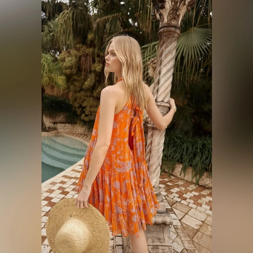NWT Hemnant & Nandita Paisley Bela Halter Neck High Low Mini Dress Orange Candy - Picture 9 of 13